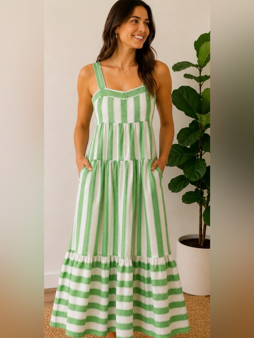 SIMKHAI NWT Green White Striped Tiered Maxi Dress Size 4